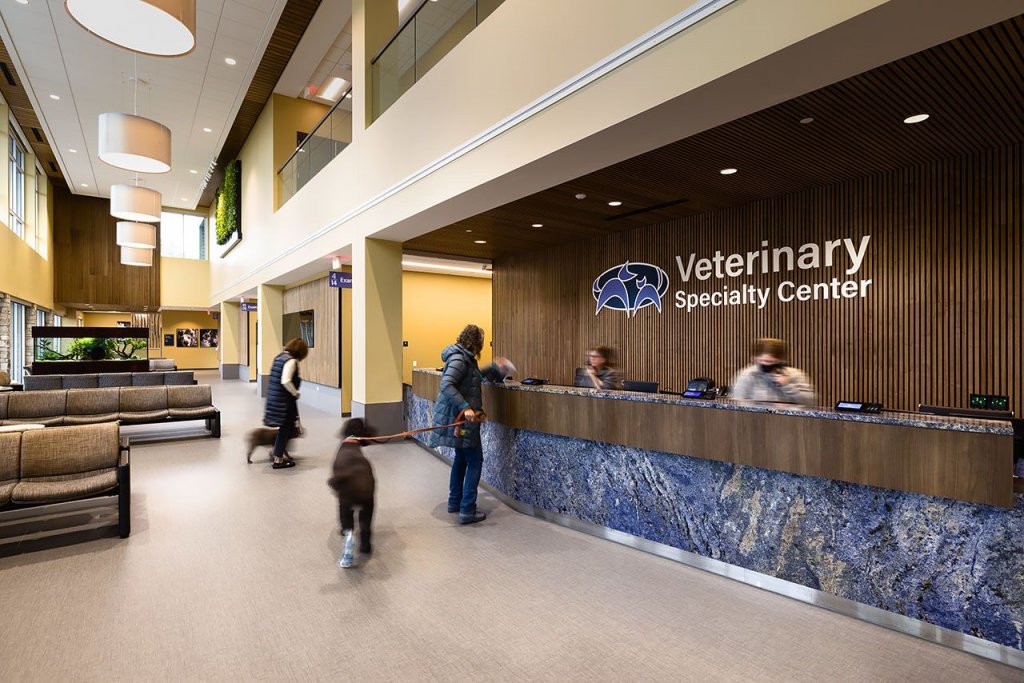 veterinarian reception desk with people and dogs